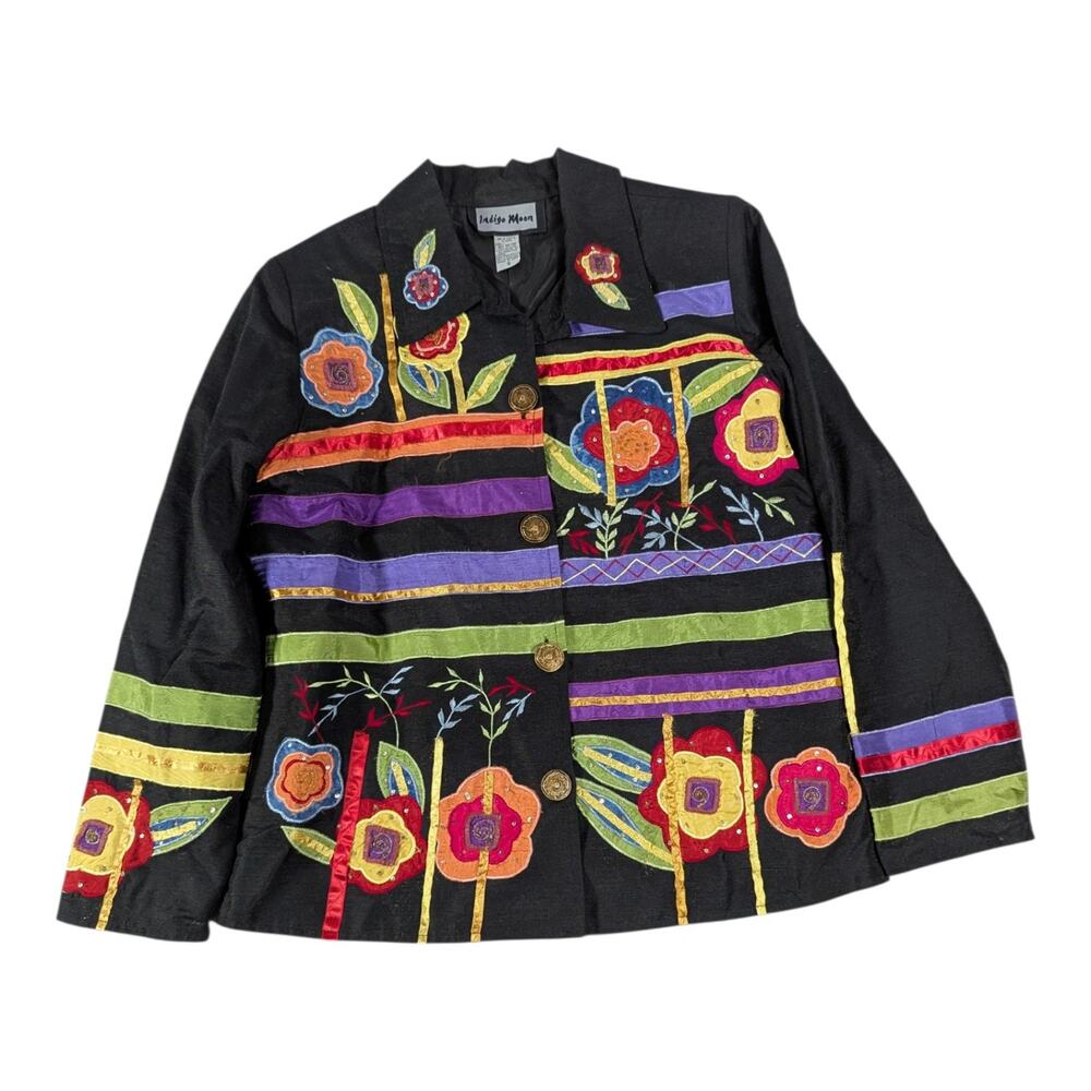 Vtg 1990s Indigo Moon Black Colorful Floral Applique Button Up Jacket Sz S